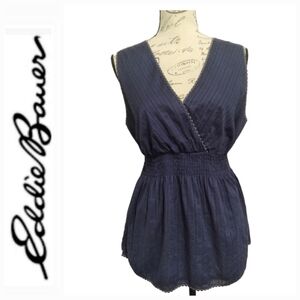 Eddie Bauer Navy Sleeveless Smocked-Waist V-Neck Top